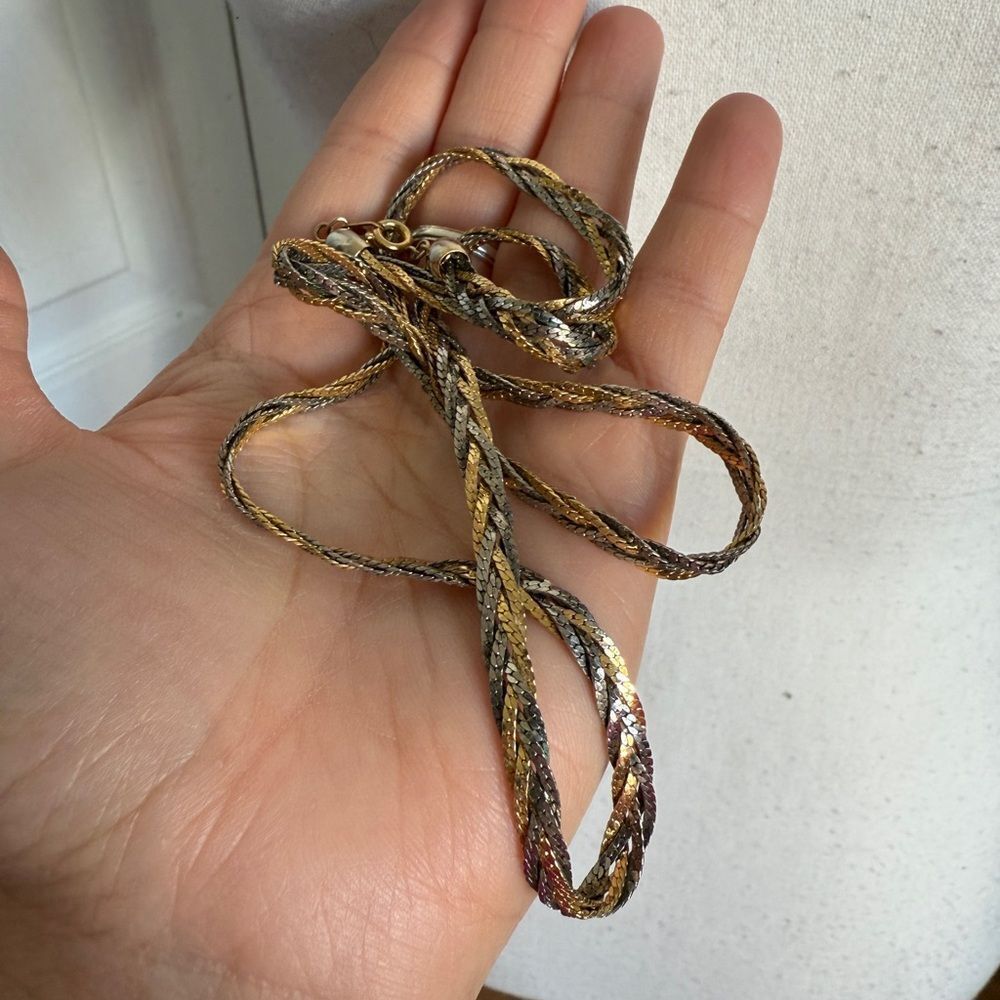 Vintage Tri-Colored Braided Herring Bone Chain Necklace